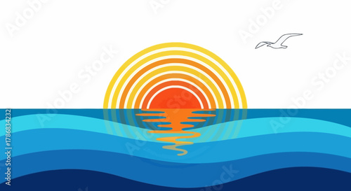 Sunrise over the Ocean A Colorful Illustration of a Peaceful Seaside Scene with a Flying Seagull
