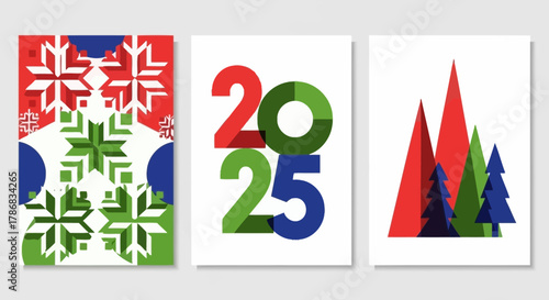 Festive New Year 2025 Modern Graphic Designs with Snowflakes and Forest Elements for Celebration