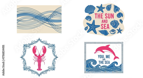 Ocean-Themed Collection Blue Waves, Seashells, Lobster, and Dolphin Imagery for Design
