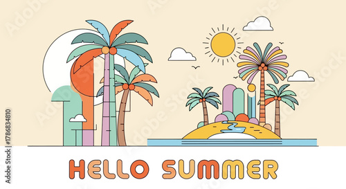 Hello Summer Tropical Paradise Illustration with Palm Trees, Sun, and Island Scenery