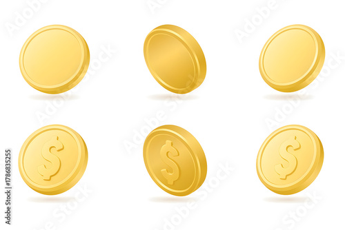 3D Golden Coins Set in Various Positions Isolated on White Background – Realistic Vector Illustration