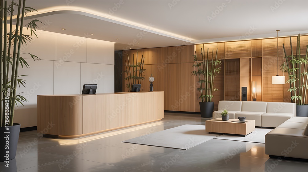 Fototapeta premium Modern Minimalist Hotel Lobby with Wooden Reception Desk, Bamboo Plant, and Sofas