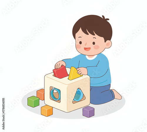Early childhood development concept with a cute toddler boy learning shapes and colors by playing with a sorter puzzle toy