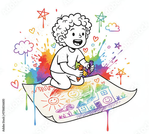 Joyful young artist happily creating colorful masterpieces with crayons, unleashing a vibrant splash of imagination and artistic expression on paper, celebrating childhood creativity