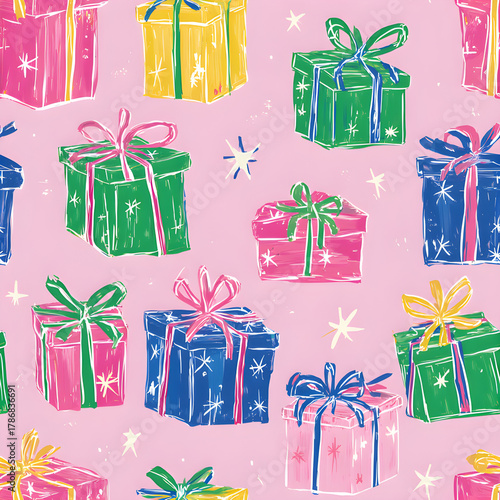 Colorful Christmas Presents on Soft Blue Background with Star Accents