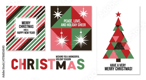 Geometric Christmas Cheer Holiday Card Designs with Festive Patterns and Greetings