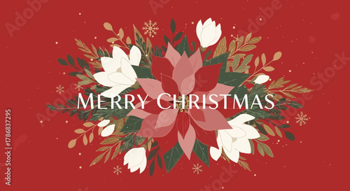 Festive Christmas Floral Arrangement Illustration on Red Background