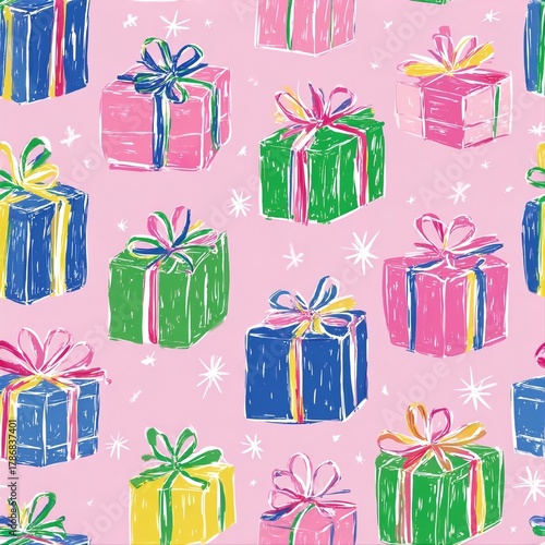 Colorful Christmas Presents on Soft Blue Background with Star Accents