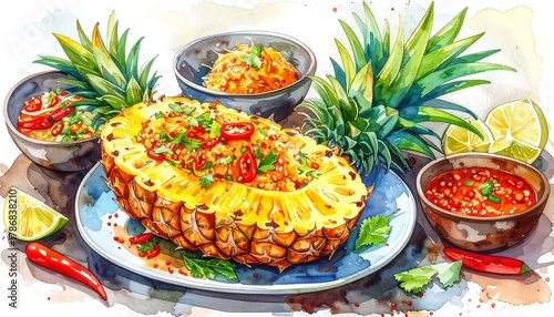Fototapeta Naklejka Na Ścianę i Meble -  Vibrant Watercolor Illustration of Thai Pineapple Fried Rice.