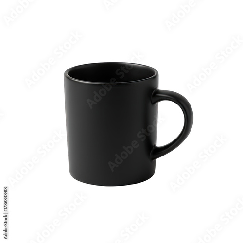 Matte Black Ceramic Mug with Handle Isolated on Transparent Background Studio Shot
