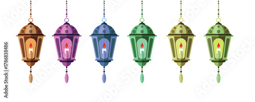 A traditional lantern with a lit candle inside, hanging from a chain with a red teardrop at the end. Ramadan illustration