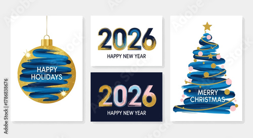 Festive New Year 2026 Greetings Elegant Gold & Blue Brushstroke Designs