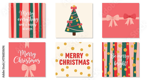 Festive Christmas Holiday Greeting Card Set with Christmas Tree, Bows and Merry Greetings