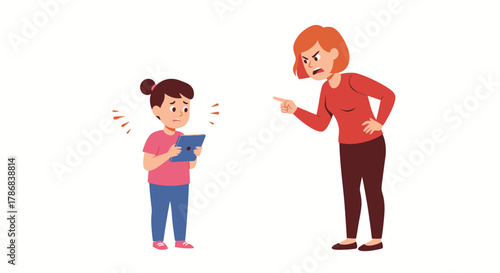 A concerned mother scolds her daughter who is engrossed in her phone, emphasizing the importance of mindful technology use in a modern family dynamic.