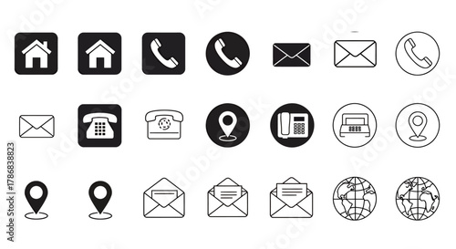 A versatile set of minimalist contact icons in vector format, featuring home, phone, mail, location, and globe symbols, perfect for web design and user interface elements.