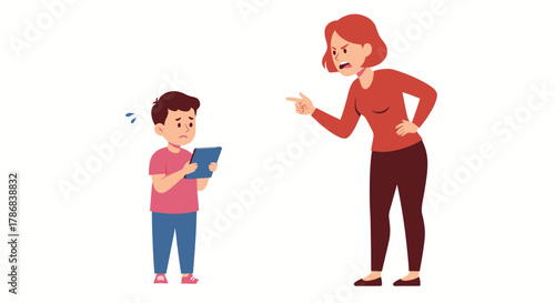 Angry mother scolds her son who is holding a tablet, illustrating digital addiction and parental discipline in a modern home setting.