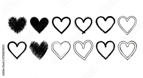 Collection of Heart Icons Symbol of Love, Romance, and Affection in Diverse Hand-Drawn Styles