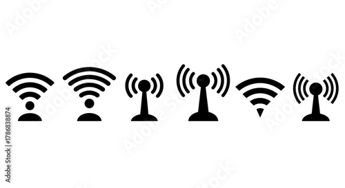 Collection of stylized vector icons representing wireless signal strength and transmission towers against a clean white background.