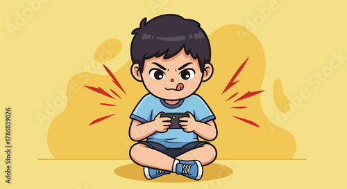 A young boy intensely playing a video game on his mobile phone, showing concentration and excitement with a playful lick of his lips.