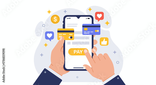 A modern illustration shows a person using a smartphone to make an online payment with credit cards, featuring icons and a user-friendly interface for digital transactions.