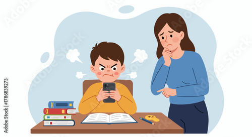 A concerned mother observes her angry son, who is distracted by his smartphone instead of focusing on homework at his desk, illustrating digital addiction.