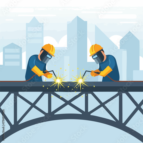 Two welders in protective gear working on a bridge structure, sparks flying against a city skyline background.