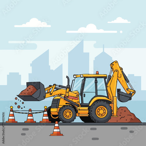 A vibrant illustration captures a yellow backhoe excavator at a construction site, with safety cones and a city skyline in the background.