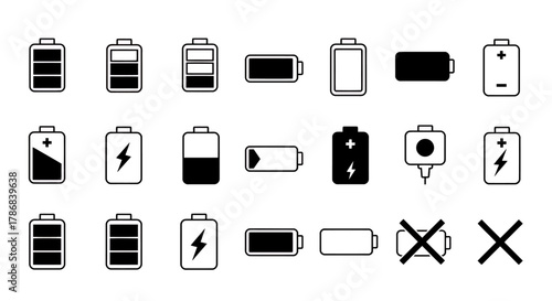 Collection of diverse battery icons and symbols representing different power levels and states, ideal for technology and energy concepts.