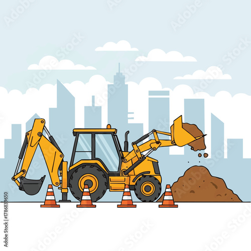A vibrant illustration captures a yellow backhoe operating at a construction site, with safety cones and a city skyline in the background.