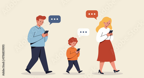 A modern vector illustration depicts a family, including a father, mother, and child, all engrossed in their mobile phones while walking.