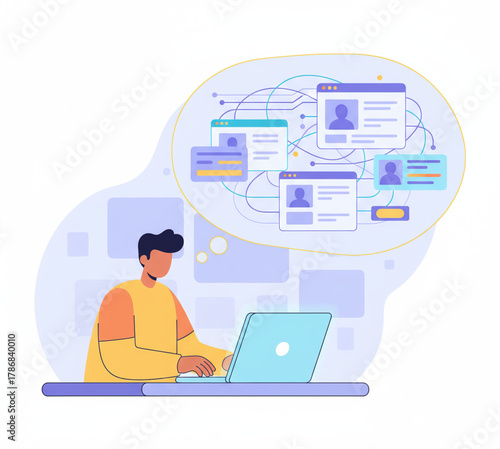 Human resources manager working on a laptop, analyzing a complex network of candidate profiles for recruitment and talent management