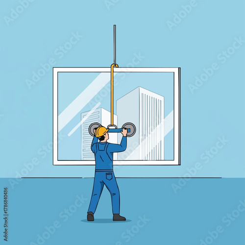 A skilled construction worker meticulously installs a large window, using suction cups to ensure precise placement in a modern building project.