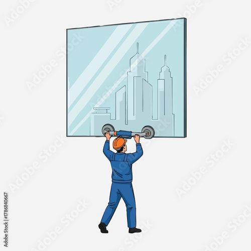 An illustration of a construction worker carefully lifting a large glass pane with suction cups, showcasing the process of installing glass in modern buildings.