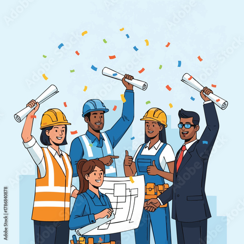 A diverse group of construction workers and professionals celebrating a successful project completion with confetti and blueprints.