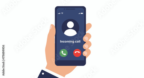 A human hand holds a modern dark blue smartphone displaying an incoming call notification with accept and decline buttons in a flat vector illustration style.