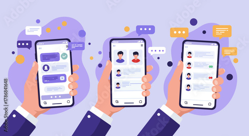 A vector illustration depicts multiple hands holding smartphones displaying various messaging applications, showcasing online communication and social networking in a vibrant, modern style.