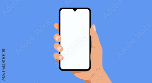 A hand holding a modern smartphone with a blank white screen against a vibrant blue background, perfect for showcasing app designs or digital content, presented as a vector graphic.