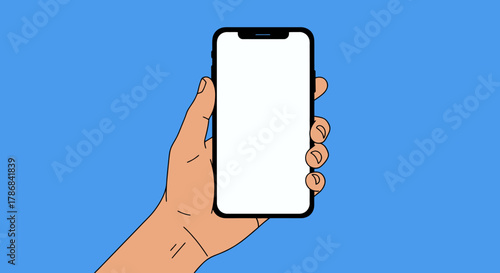 Isolated vector graphic of a hand holding a modern smartphone with a blank white screen against a blue background, perfect for app mockups and UI design.