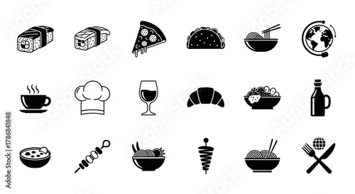 Diverse culinary icons showcasing delicious food and drink options from around the world, perfect for menus and culinary themes.
