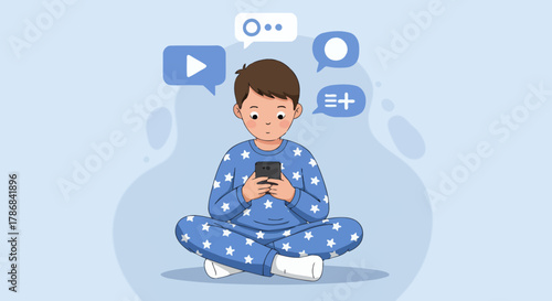 A young boy in pajamas sits cross-legged, engrossed in his smartphone, surrounded by floating digital icons on a light blue background.