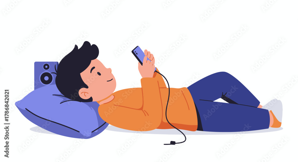 Obraz premium Young boy relaxing on a pillow while playing games on his smartphone with a speaker nearby, enjoying leisure time at home.