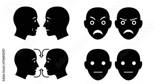 Expressive faces and communication icons depict joy, sadness, anger, and neutral emotions, symbolizing human connection and understanding