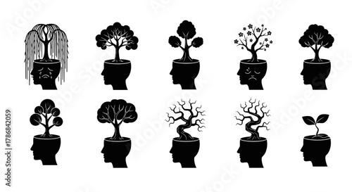 Diverse human minds nurturing growth and expressing varied emotions with symbolic trees symbolizing development and mental states