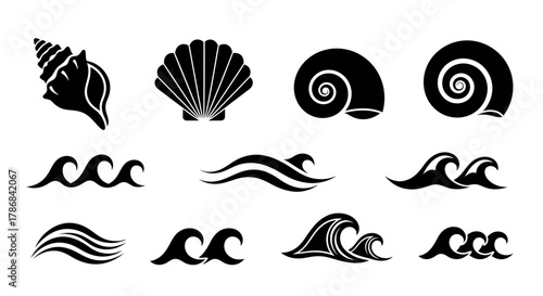 Collection of stylized marine icons featuring seashells and dynamic ocean waves perfect for nautical designs and branding