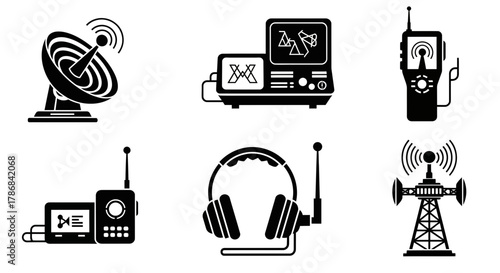 Diverse set of communication technology icons including satellite dish, radio, headphones, and broadcast tower for modern connectivity concepts.