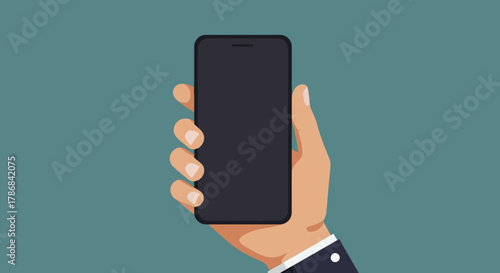 A hand holds a modern smartphone with a blank screen, offering a versatile template for app presentations, mobile marketing, and digital communication concepts.