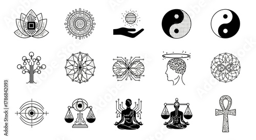 Modern abstract symbols merging technology, spirituality, balance, and life concepts for innovative branding and design projects