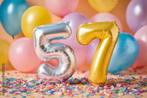 Balloons and Confetti with Gold and Silver Number Balloons 57