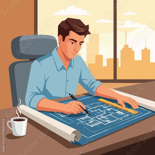 A focused architect diligently works on a blueprint in his office, with a steaming cup of coffee nearby and a cityscape visible through the window.