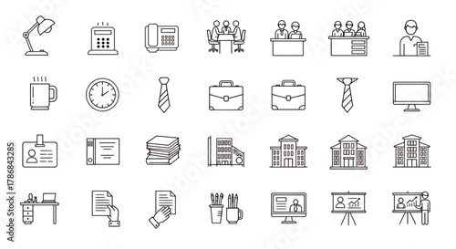 A collection of line art icons representing office elements, business concepts, and professional work environments, suitable for digital design and presentations.